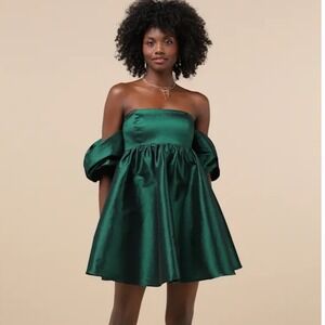 Lulus Emerald Green Taffeta Off-the-Shoulder Babydoll‎ Mini Dress Medium